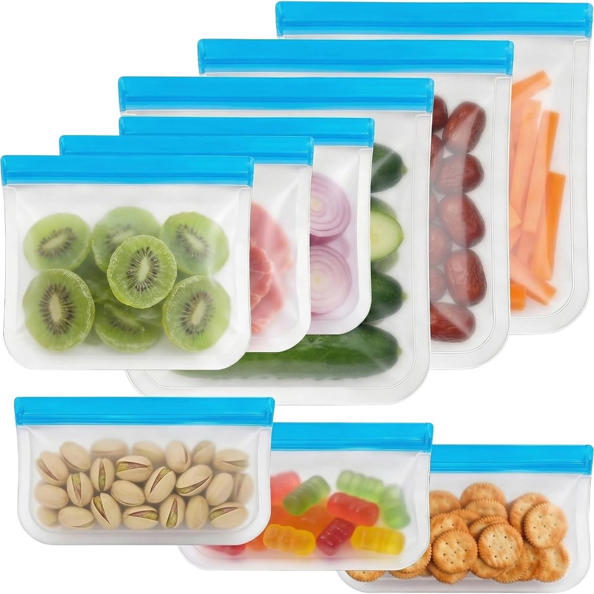 Herbruikbare Vriezerzakken voor Voedselopslag – 9 Stuks, Lekvrije en Vaatwasserbestendige Zipperzakken, Ideaal voor Snacks en Maaltijden