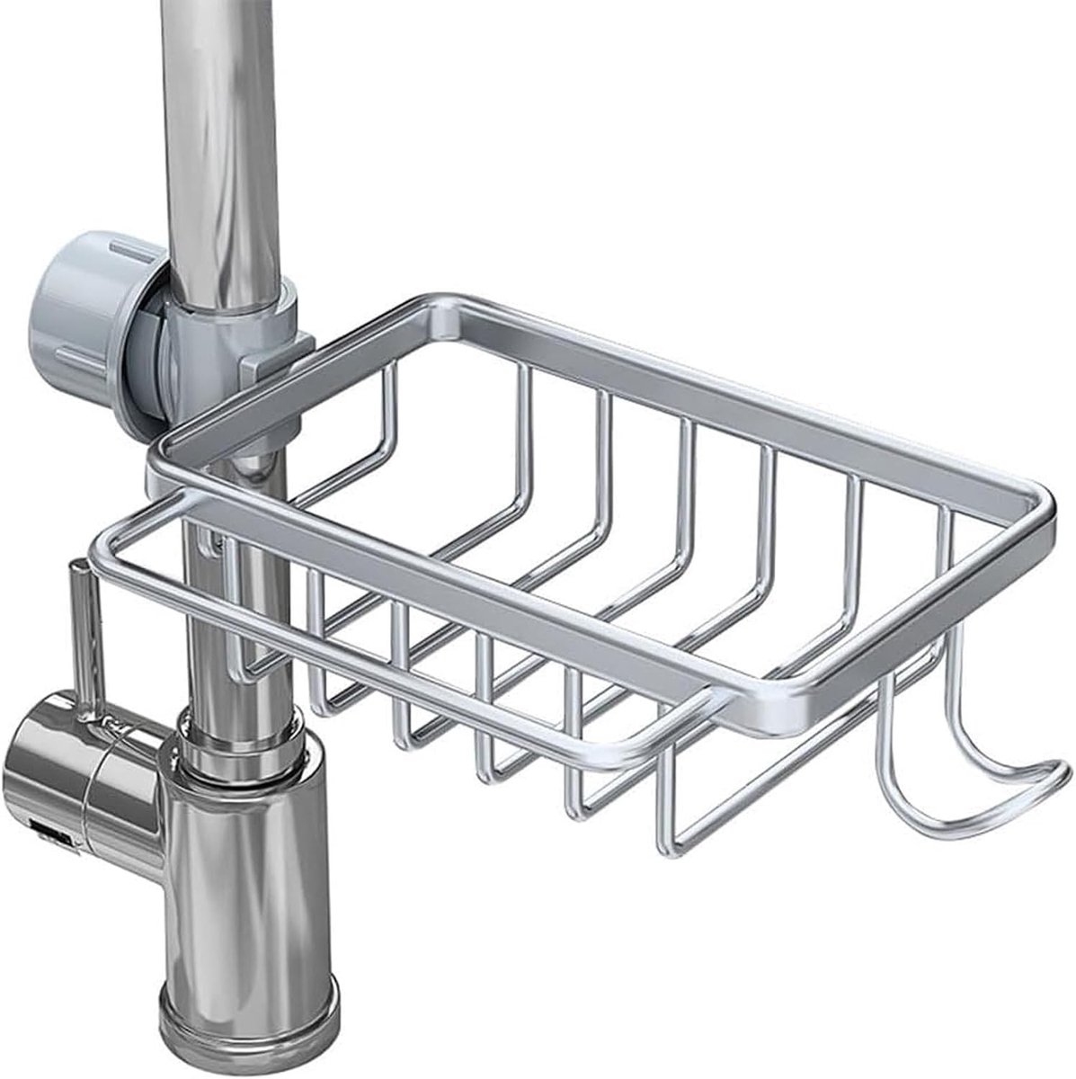 Opslagrek voor de gootsteen - Organizer voor spons, borstel en doek - Hangend waterafvoerrek van aluminium zonder boren (Zilver)