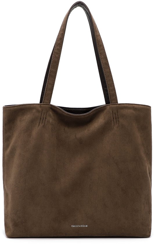 Bruine suède shopper tas EMILY + NOAH met logo op de voorkant.