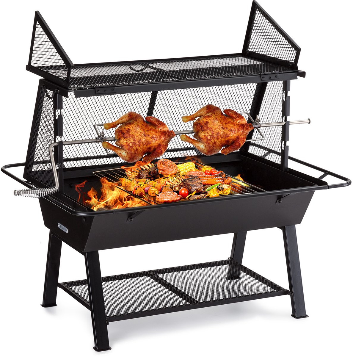 Blumfeldt 2-in-1 Rotisserie BBQ – Houtskoolgrill met Draaispit voor Kip en Speenvarken, RVS Grillrooster, Vonkenscherm en Regenhoes