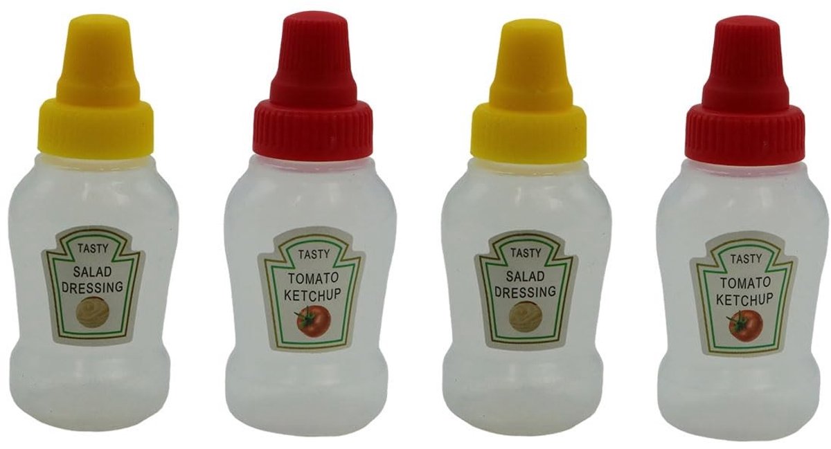 Omgoods- Knijpflessen Set van 4 - 23ml Mini Kruiderij Flessen - Plastic Sauzen Containers - Draagbare Flessen - Voor Ketchup/Siroop - Compacte Afmetingen 7x3x0,9 cm - Sauzenfles