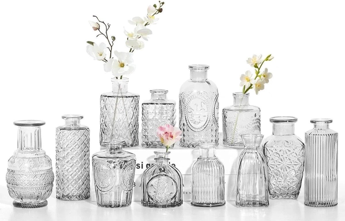 Omgoods- Glazen Vaas - 12 Stuks - Vintage Stijl - Getextureerd Patroon - Duurzaam Glas - Lichtgewicht - Ideaal voor Bloemen en Decoratie - Bloemenvazen