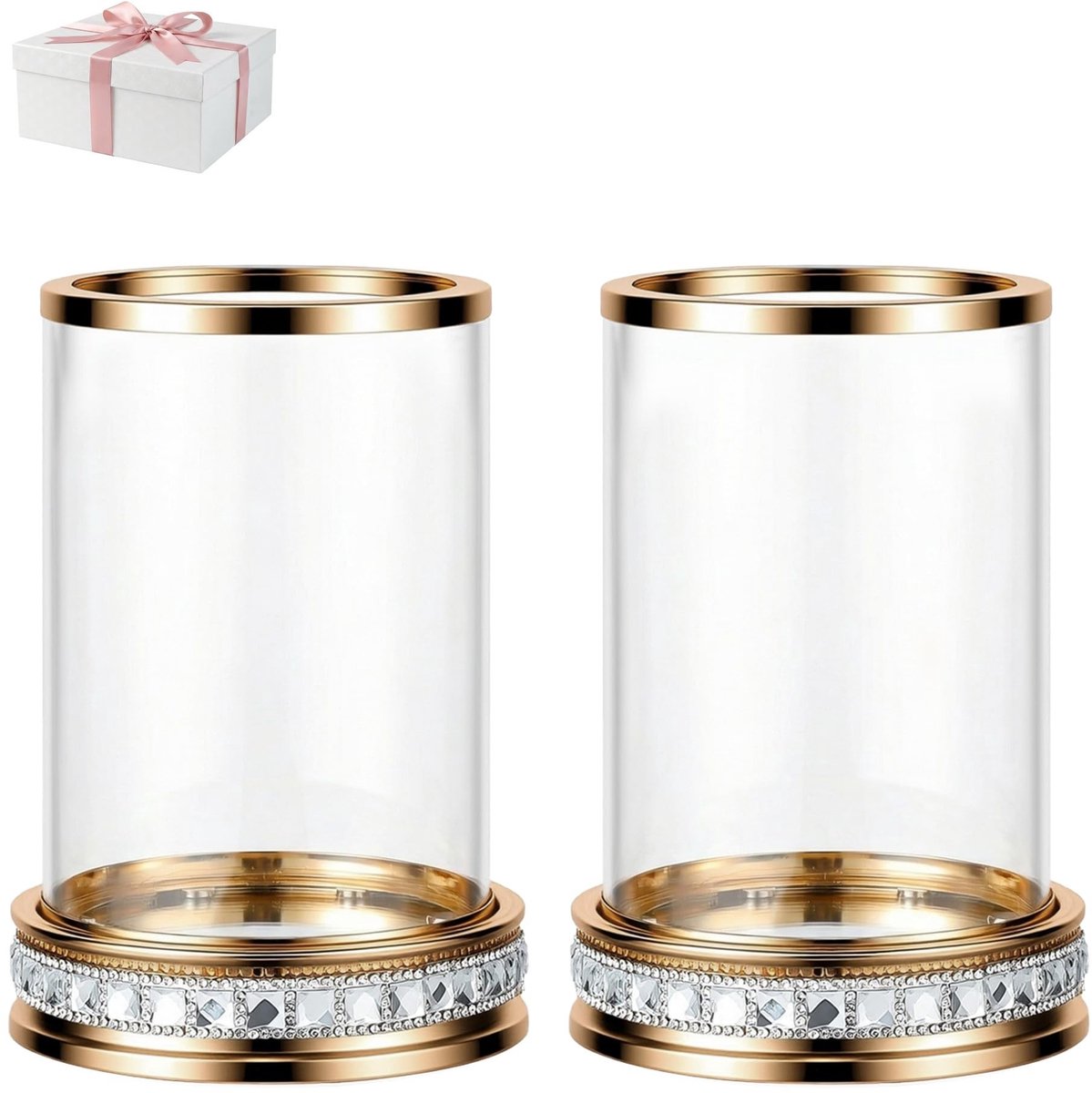 Omgoods- Stompkaarsenhouder Goud - Windbestendig - Glazen Kap - Metalen Kandelaar - Strass Decoratie - Geschikt voor 3"x5" Kaarsen