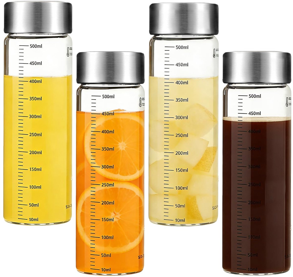 Omgoods- Glazen Flessen 500 ml - Set van 4 - Roestvrij Stalen Deksel - Herbruikbaar - BPA-vrij - Met Maatschaal - Drankflessen
