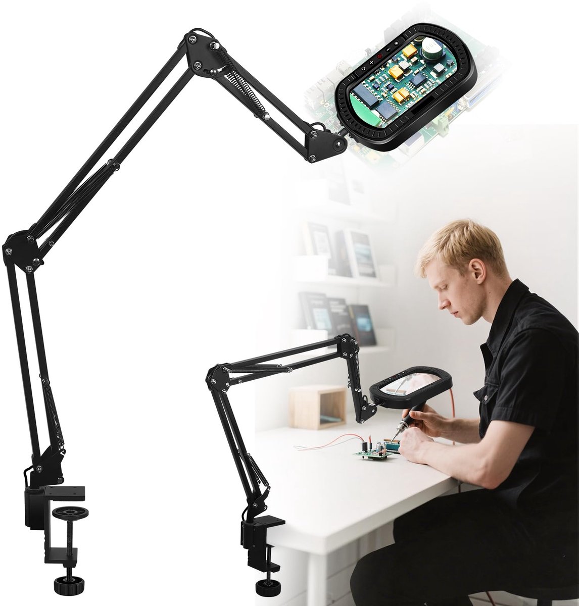 Omgoods- Vergrootglas met LED-licht - Vierkante Lens - Dimbare Loeplamp - Stabiele Metalen Arm - Breder Gezichtsveld - Ideaal voor Solderen/Knutselen - Loep