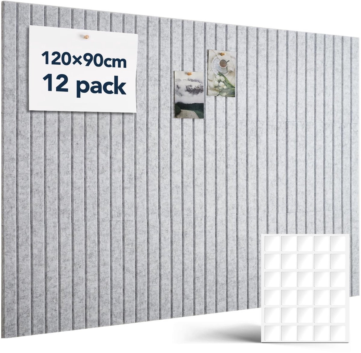 Omgoods- Prikbord Groot 120x90cm - Vilt - Zelfklevend - Decoratief - 12 Stukken - Inclusief 60 Dubbelzijdige Kleefpads - Memo Board