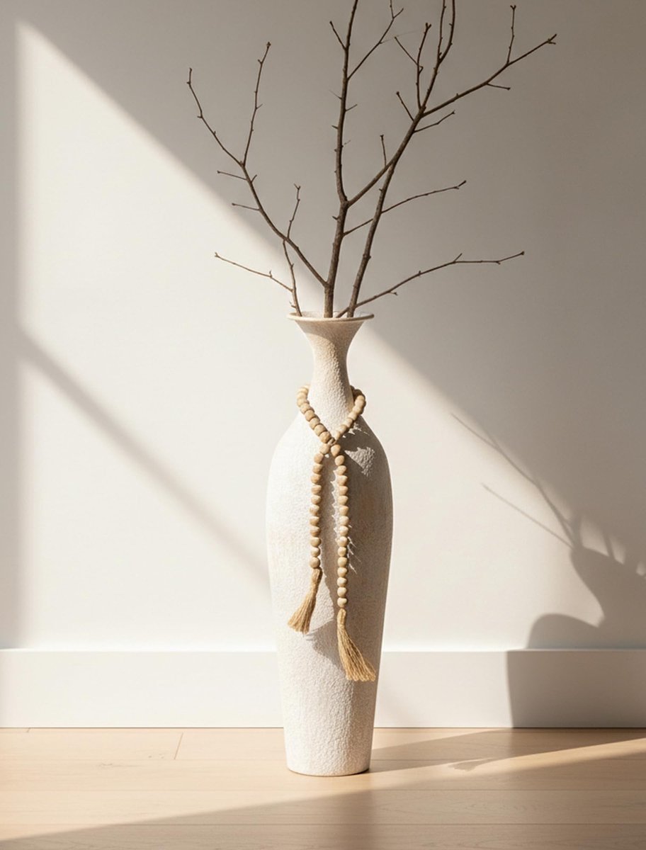 Omgoods - Grote Vloervaas van Wit met Boho Beads