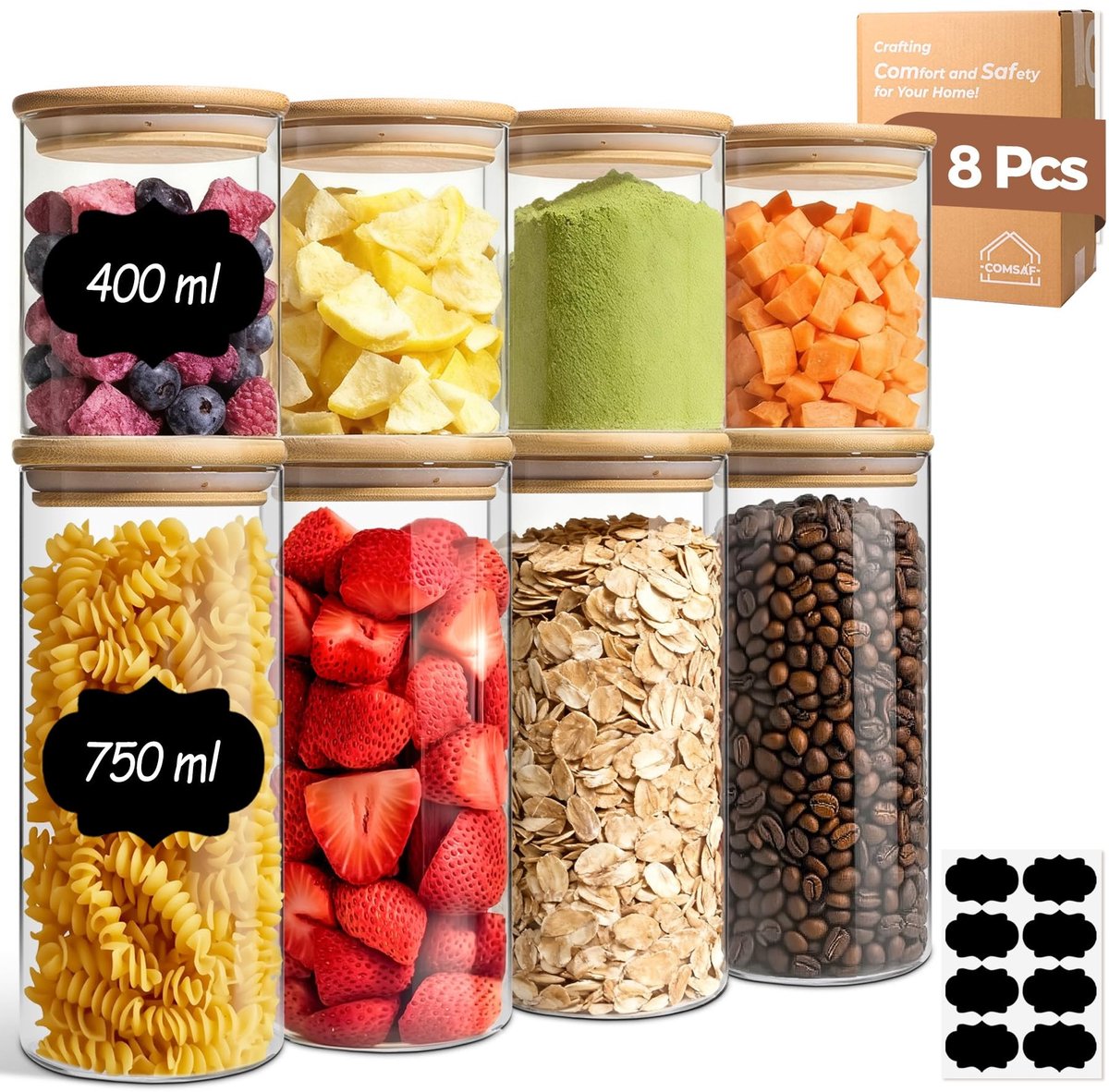 Omgoods - Set van 8 Glazen Bewaarpotten met Deksel voor Keuken
