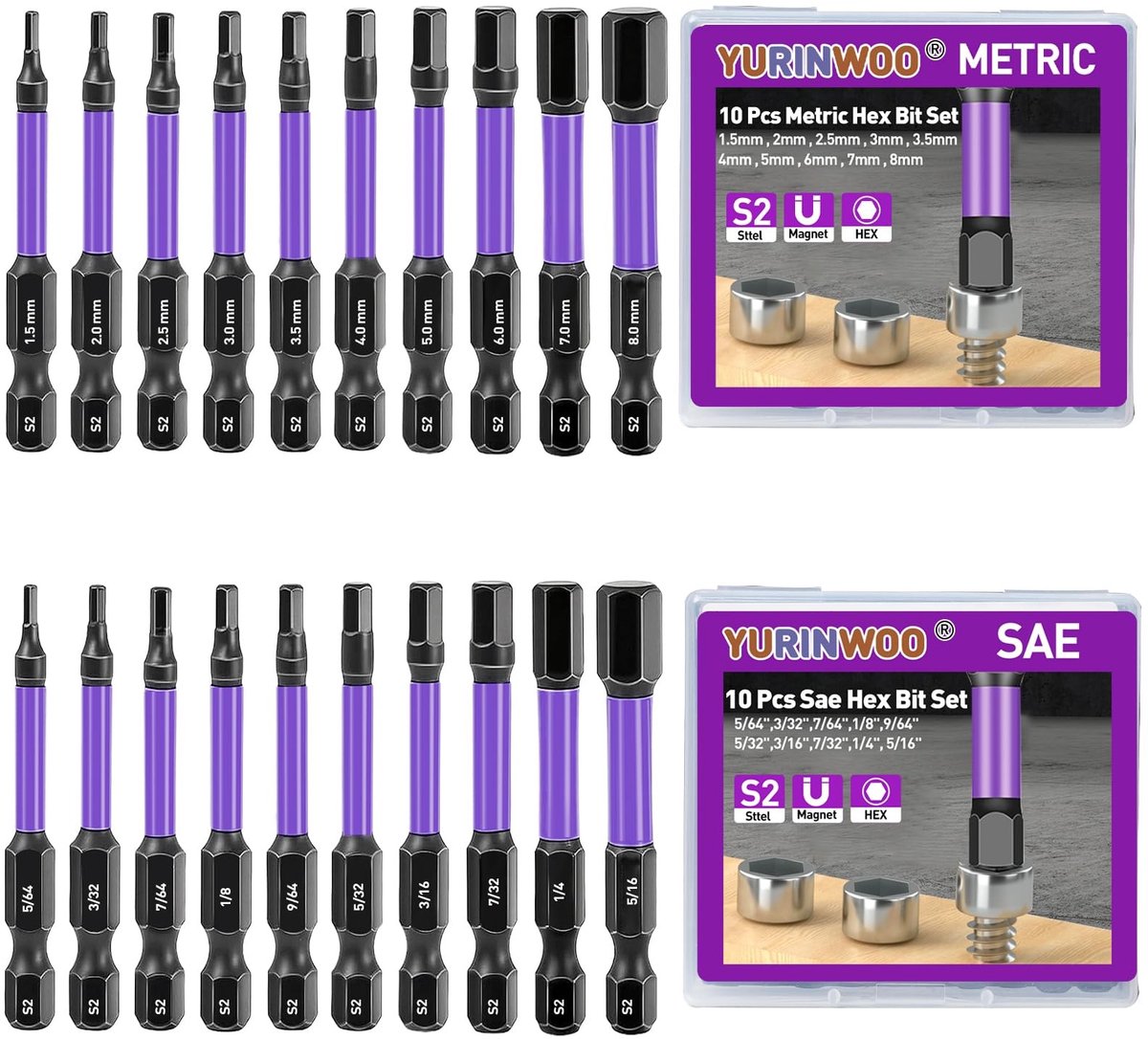 Omgoods- Inbussleutelset 20 Stuks - Zeskantkop - Metrisch/SAE - S2 Gelegeerd Staal - CNC Gefreesde Tips - Magnetisch - Inbussleutels