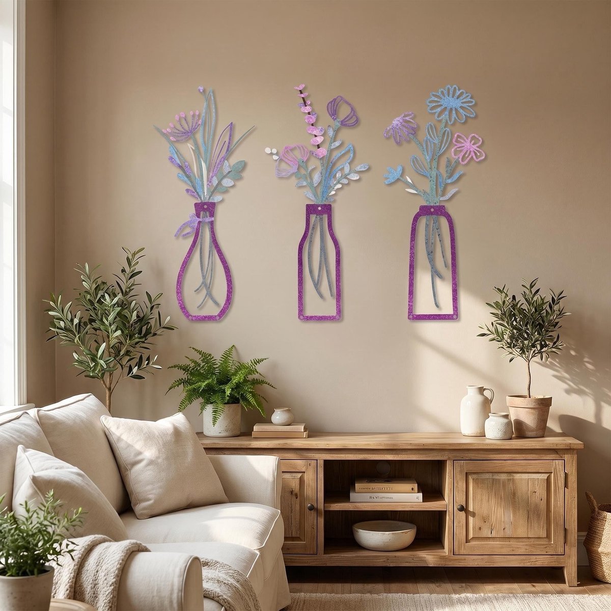 Omgoods - Set van 3 Metalen Wanddecoraties met Bloemen en Vazen