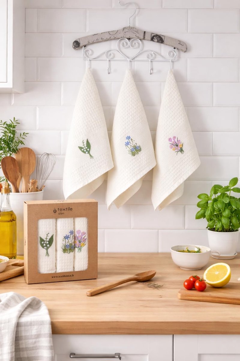 Omgoods - Cadeauset van 3 theedoeken 40 x 60 cm, 100% katoen - Lentebloemen design