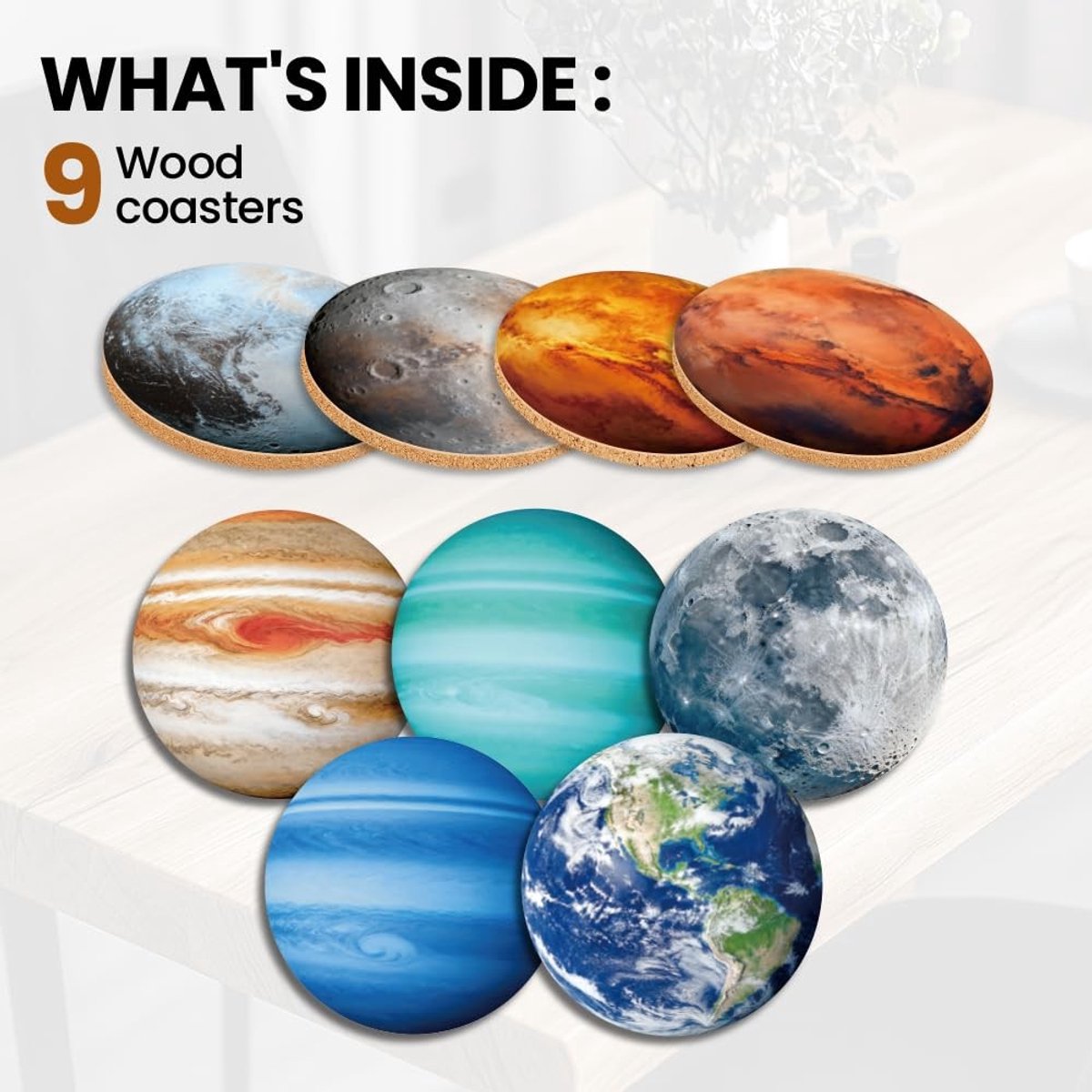 Omgoods - Set van 9 Kleurrijke Houten Onderzetters met Planeetmotief