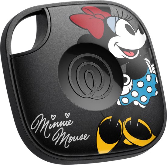 Zwarte Tile tracker met Minnie Mouse op een sleutelring.
