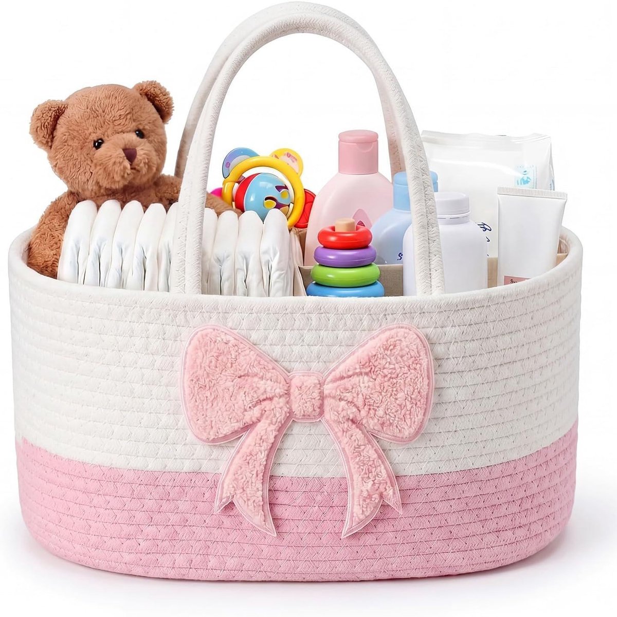 Baby luier organizer mand - Strikpatroon - Luier organizer met 3 vakken - Geschikt voor luiers, doekjes, crèmes, flesjes en boerdoekjes