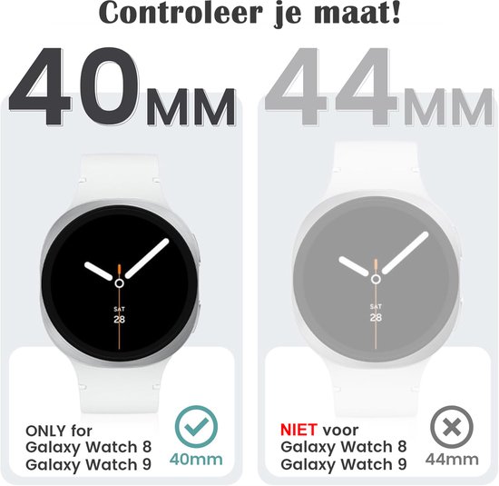 Galaxy Watch 8 40mm met een zwart hoesje, naast een 44mm model. "Controleer je maat!"