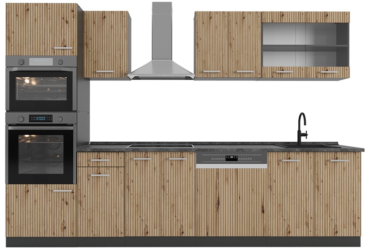 Vicco R-Line Complete keukeneenheid – 300 cm met hoge kast, WB Antraciet Artisanaal eiken/antraciet