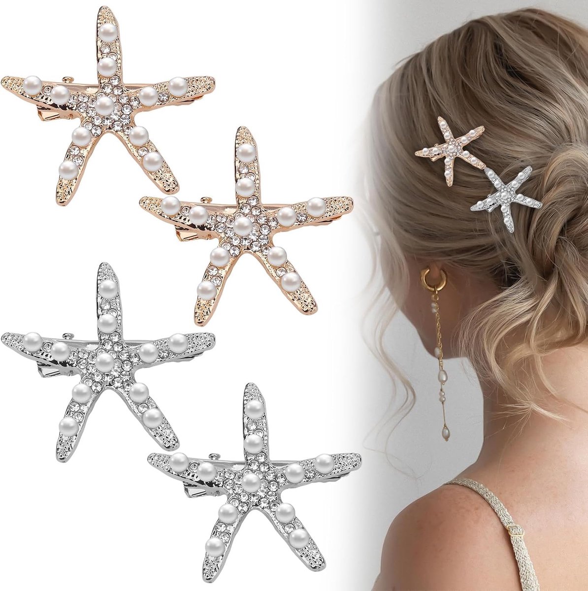 SnelShoppen - 4 Stuks Sterrenbeeld Haarclips - Haaraccessoires met Kristallen Perlen en Rhinestones - Elegante Haarspeld voor Vrouwen en Meisjes - Bru