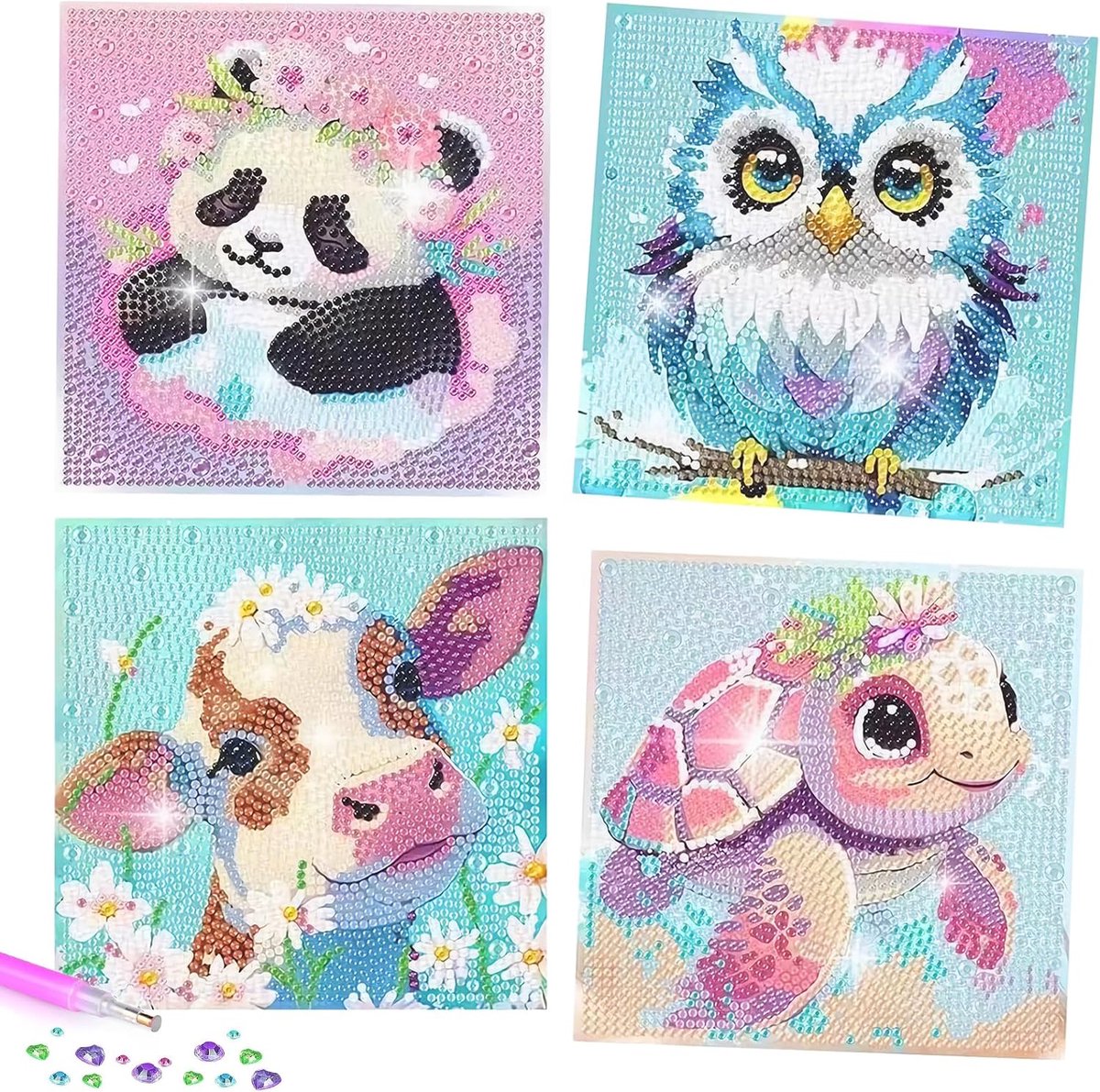 SnelShoppen - Set van 4 Diamant Schilderingen voor Kinderen - Creatieve Crystal Art voor Meisjes - Handgemaakte DIY Decoratie voor Thuis en Woonkamer