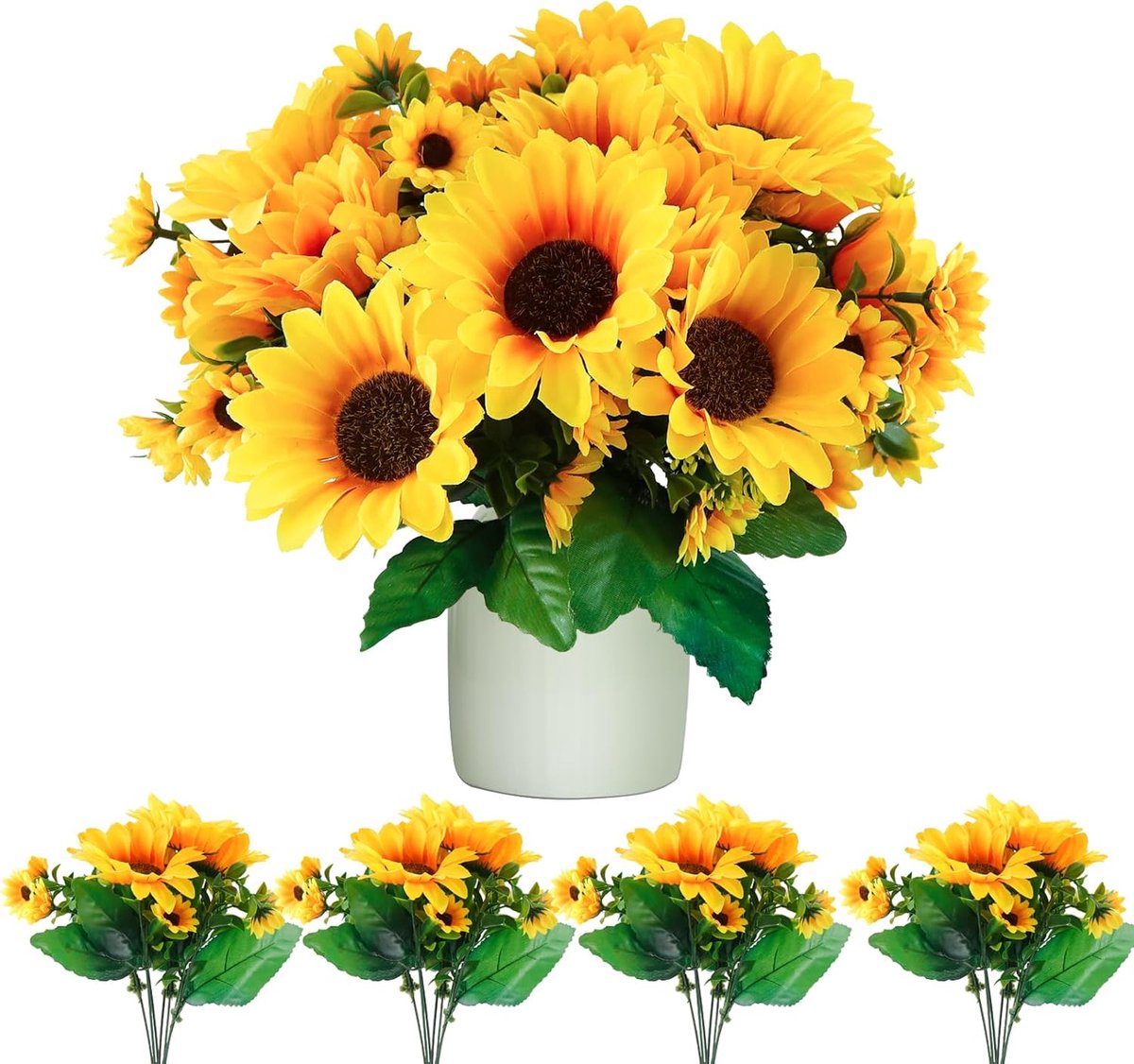 SnelShoppen - Kunstbloemen Zonnebloemen, Decoratie, Zijde Bloemen, Realistische Zonnebloem, Herfstbloemen, 4 Bossen met 52 Hoofden, 32cm Lang, Geel en
