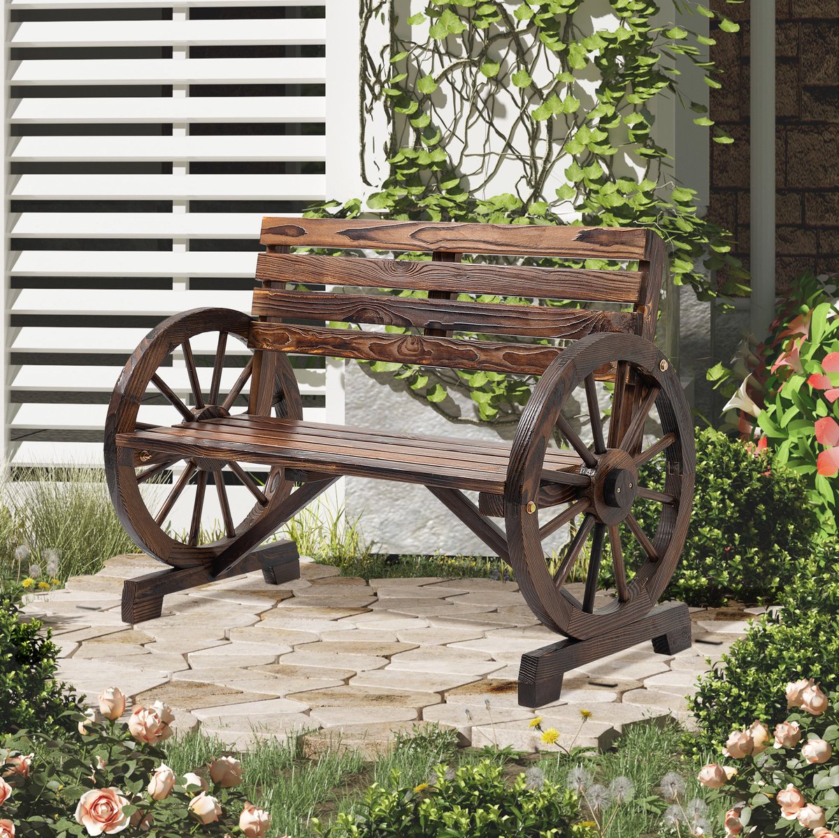 COVREO Tuinbank 105,5x56x79 cm bruin, hout met wagenrad-armleuningen