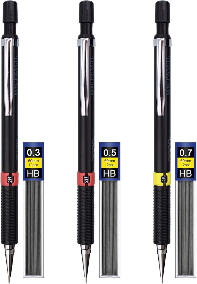 SnelShoppen - Set van 3 Mechanische Potloden 0.3mm, 0.5mm en 0.7mm, Vulpotloden met HB Vullingen, Ideaal voor Tekenen, Schrijven en Aantekeningen (Zwa