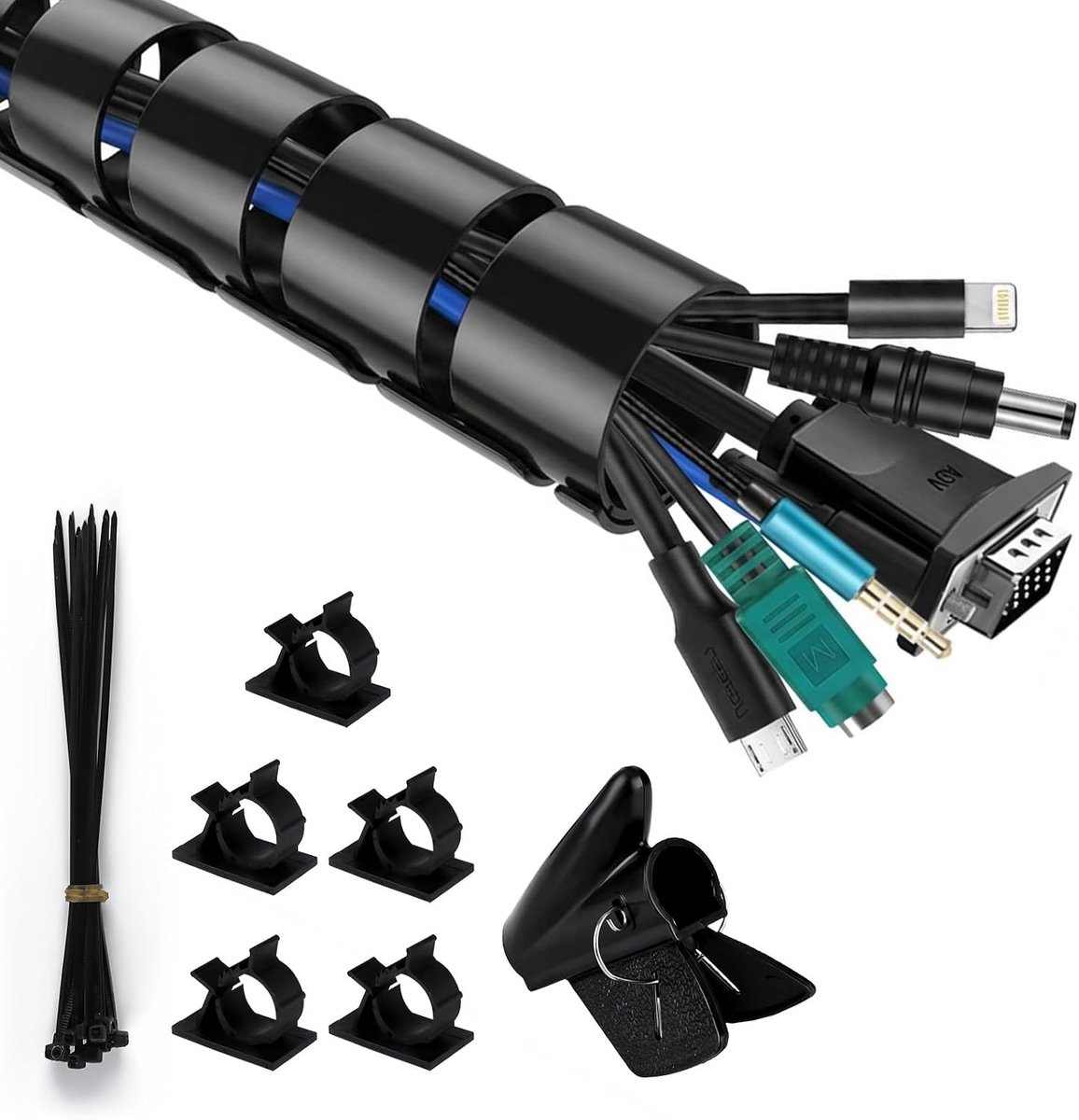 Kabelmanagementset 2 x 1,5 m - zelfsluitende zwarte kabelslang - flexibel met kabelbinders en clips - ideaal voor TV/PC - ShopVlot