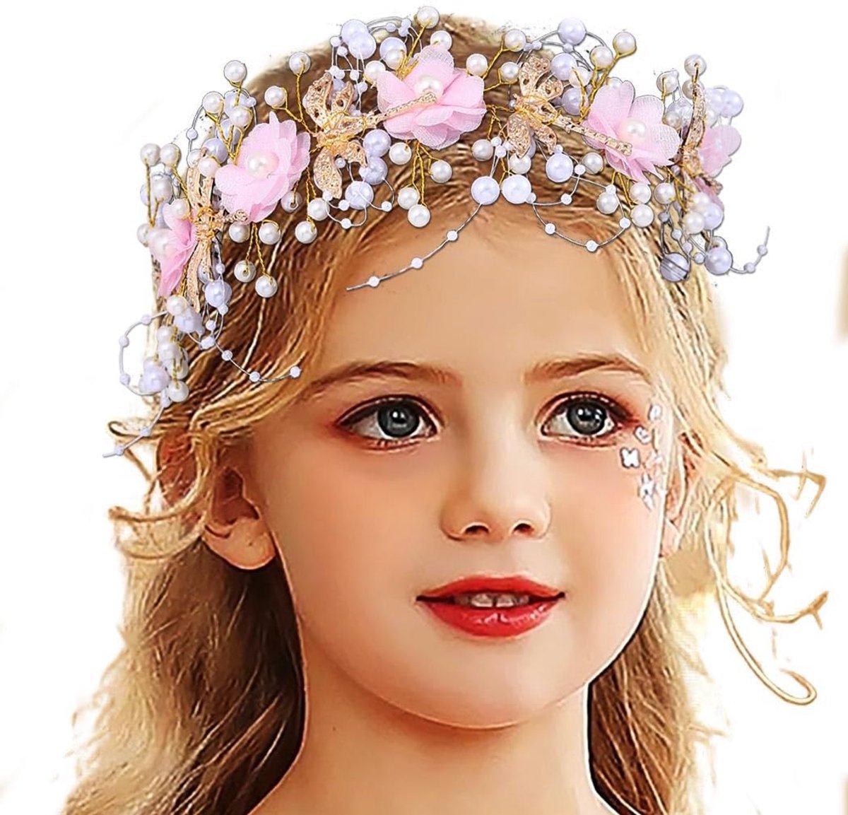 IYOU Flower Communion Headpiece Pink Flowers Princess Headbands Pearl Butterfly Birthday Wedding Hair Accessories for - ShopVlot