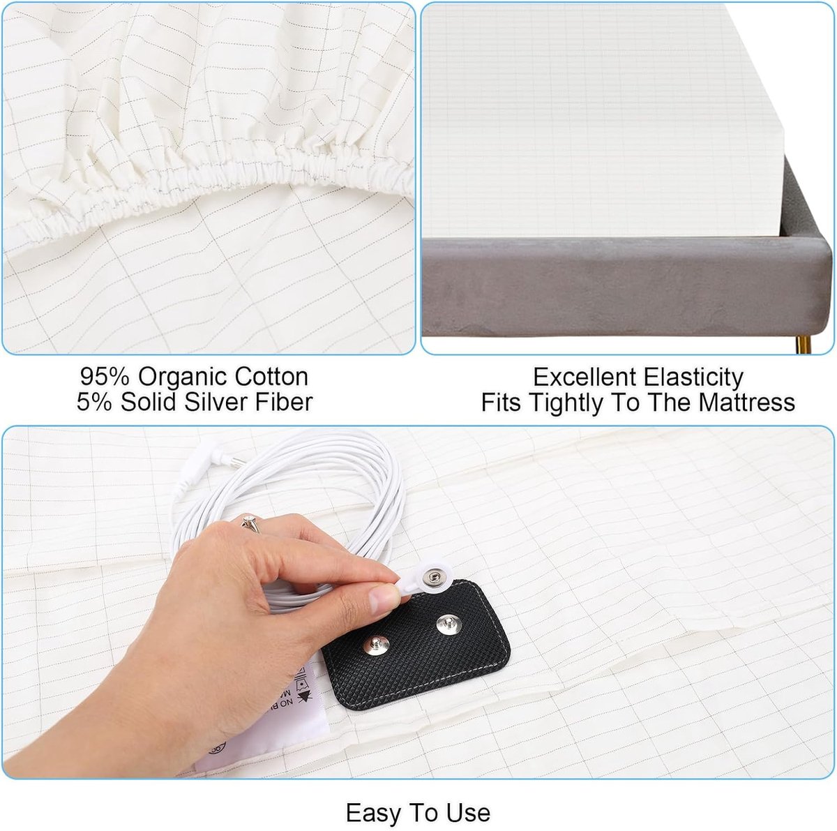 Ground Cover Sheets 180 x 200 x 38 cm, Ground Mat with Cable, Plug Adapter, Organic Cotton, Silver Phase, Earthing - ShopVlot