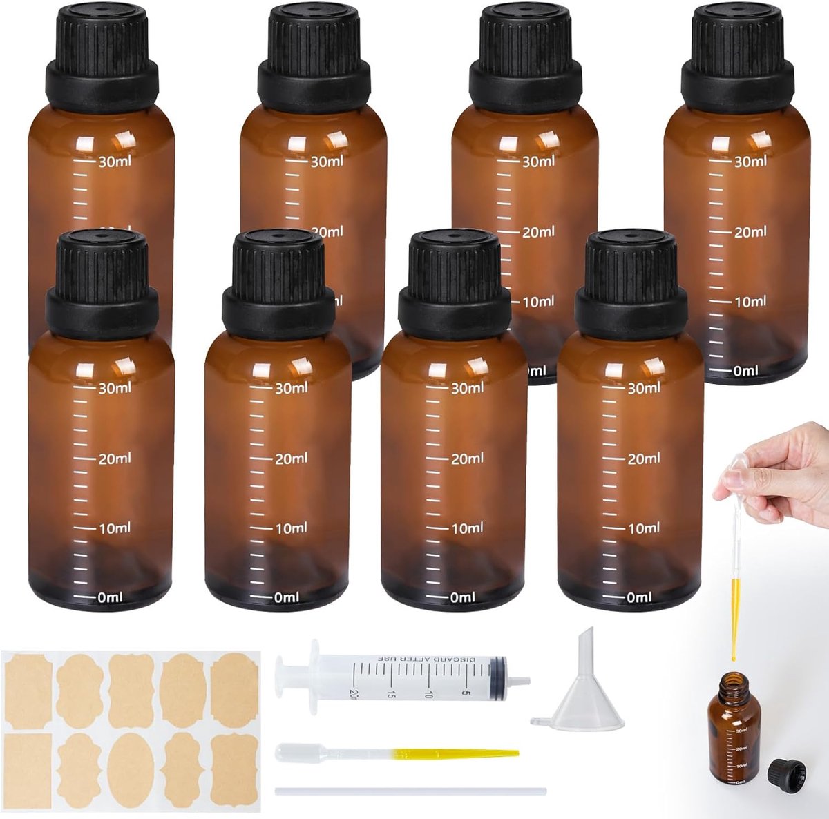 SnelShoppen - 8 Stuks Bruine Glazen Flessen 30ml met 1-30ml Schaal, Pipet, Spuit, Katheter, Trechter & Stickers voor Essentiële Olie, Parfum, Lichaams