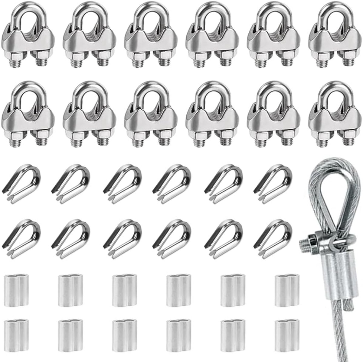 Set of 12 Wire Cable Clips, M3, Cable Clamp Stainless Steel 304 with Aluminium Press Clamps, Wire Cable Stockings - ShopVlot