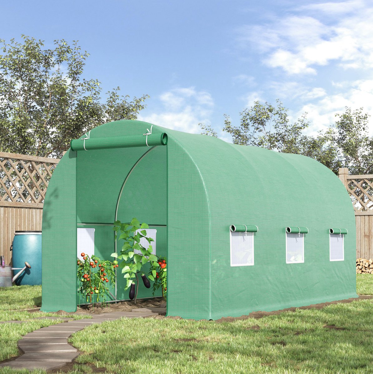 COVREO Tunnelkas 445x190x200 cm groen, stalen frame met PE-folie en ramen