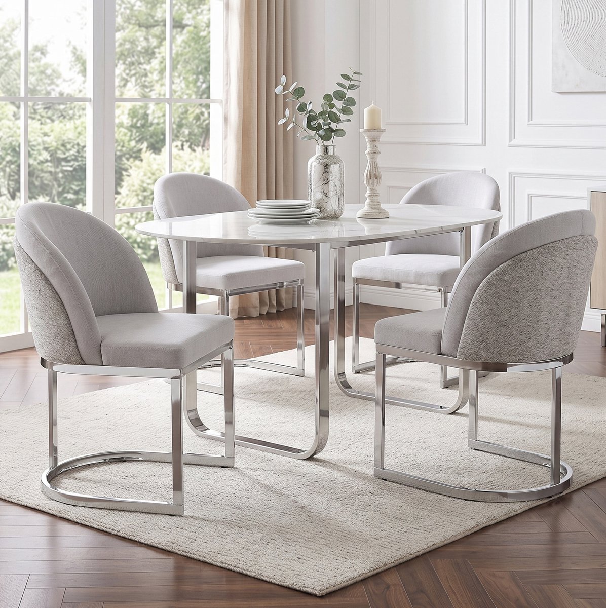 MIVRAY Eetkamerstoel 85 cm - Gestoffeerde Chenille Stoel Met Hoge Rugleuning En Metalen Onderstel - Voor Eetkamer En Woonkamer - Lichtgrijs Zilver