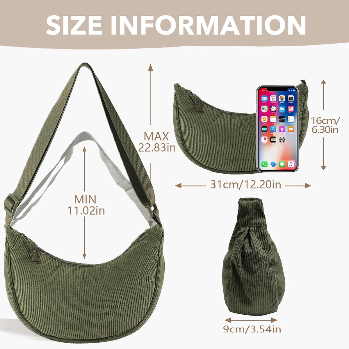 halvemaanvormige tas voor dames, crossbodytas van ribfluweel, knoedeltas met verstelbare schouderriem voor reizen, werk, school en dagelijks gebruik