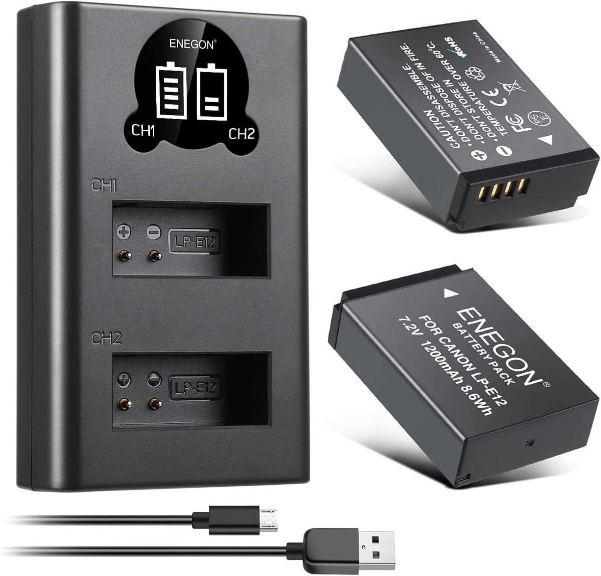 Oplaadbare LP-E12 Batterijset met LCD Oplader voor Canon Camera's zoals Rebel SL1 en EOS M Series