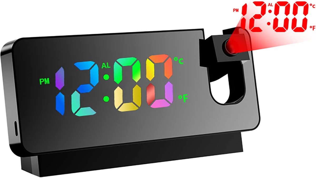 Digitale wekker, projectiewekker, netvoeding, led-spiegelscherm, 180 graden draaibare projector, temperatuur, sluimeren, nachtmodus, instelbare helderheid, kleur digitaal, zwart