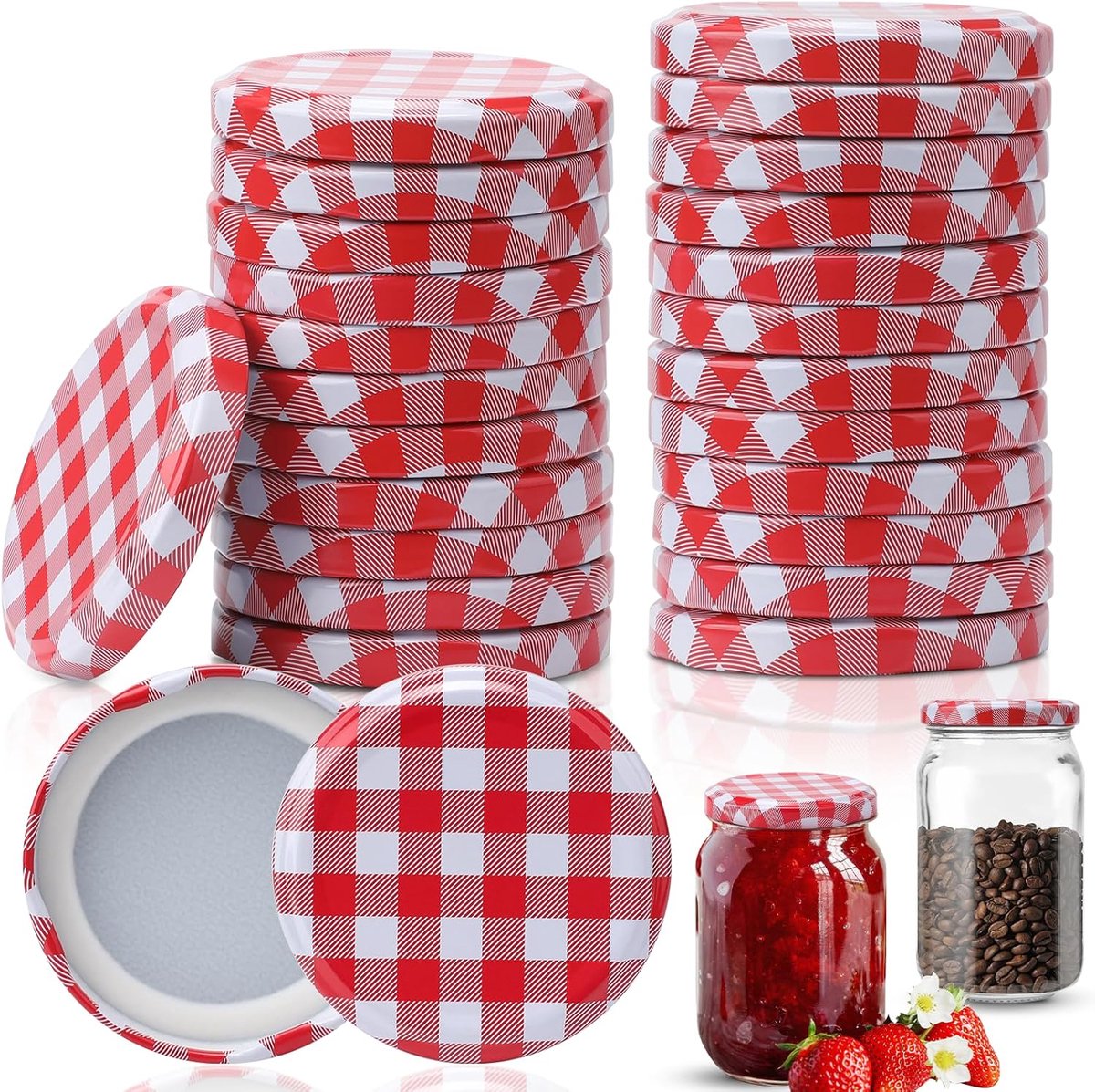 63 mm, rood geruit, reservedeksel voor jampotten, twist-off vacuüm afsluitdeksel houdt jam vers (set van 24)