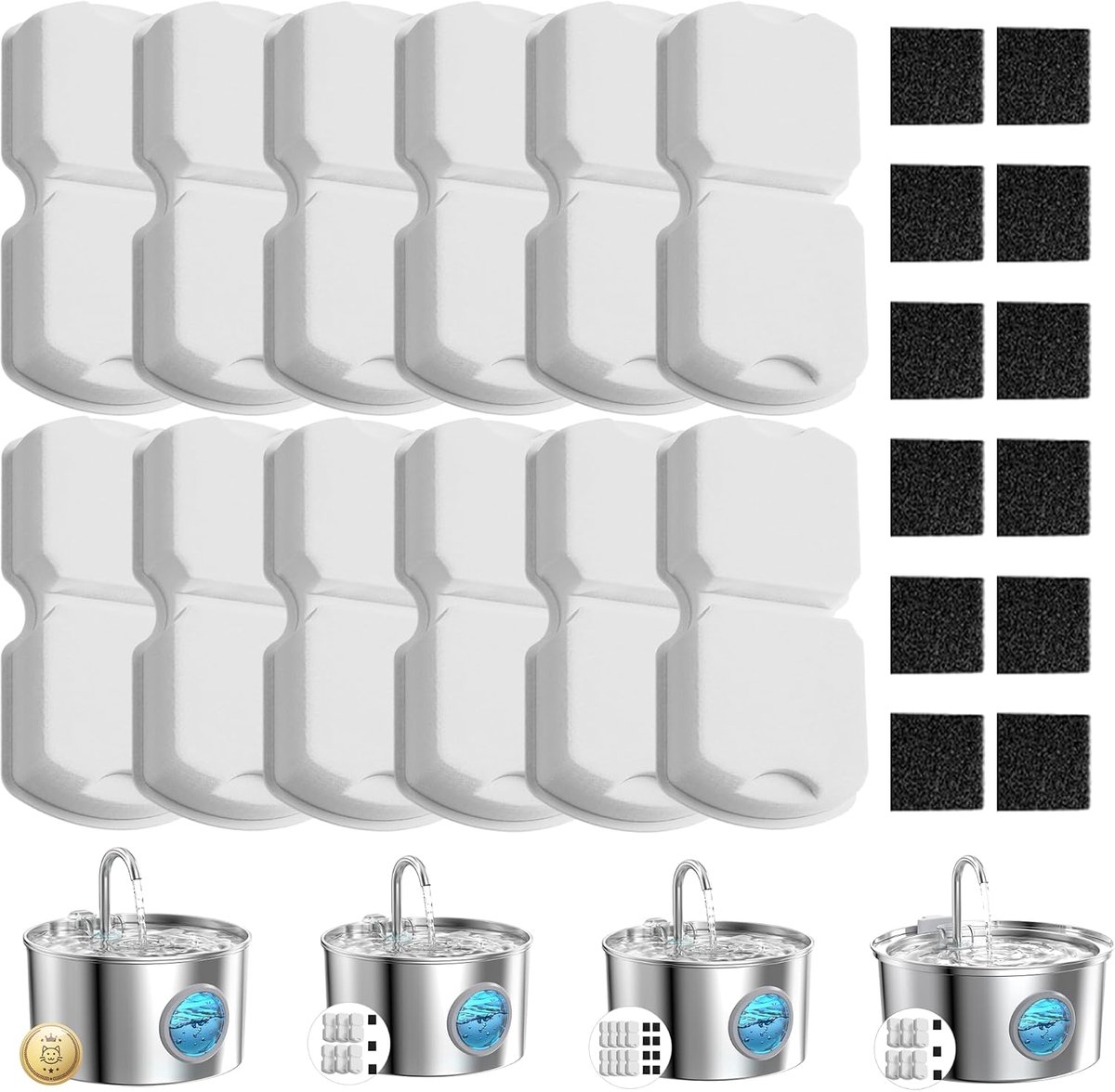 Kattenfontein met 24 filters: kattendrinkfontein, 12 koolstoffilters + 12 schuimstoffilters, meervoudige filtratie, voor 6-8 maanden vervangingsbehoeften
