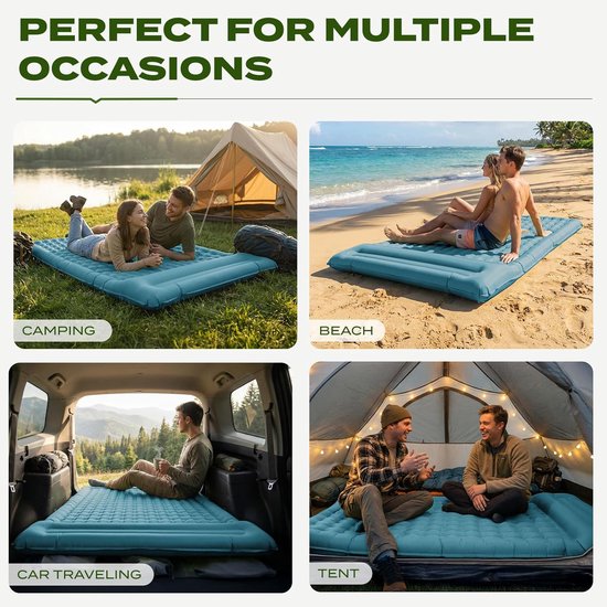Campingslaapmat met Kussen, Waterdicht en scheurbestendig 50D nylon XXL Luchtmatras met ingebouwde voetpomp, blauwgroen, 196x135x12cm — afbeelding 4
