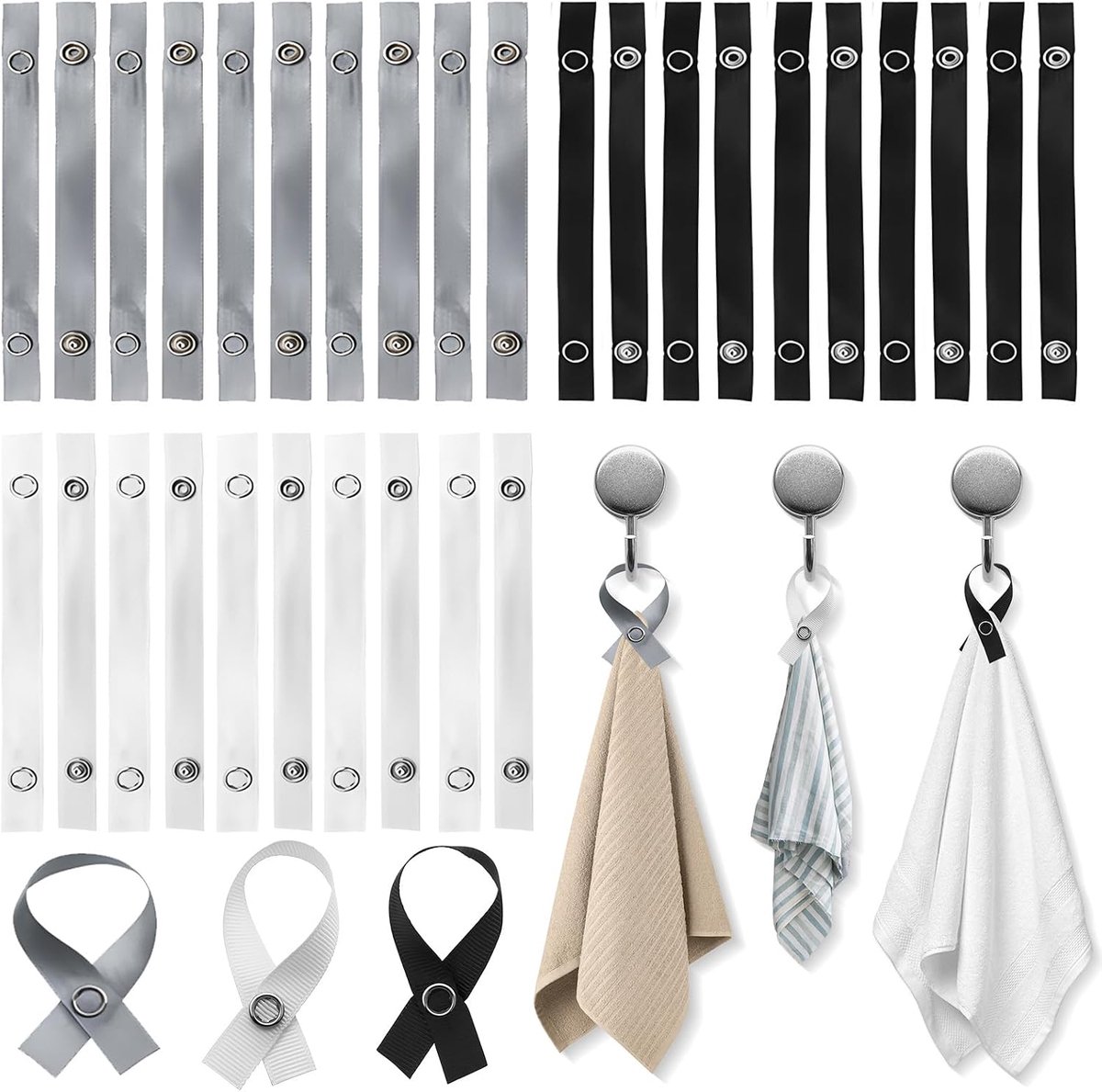 30 Stuks Naaivrije Hangers voor Handdoeken met Drukknoopsluiting, Handdoekclips Hangers lussen met Drukknoopsluiting, 3 Kleuren Naaivrije voor Textiel, Kleding, Badhanddoeken,Doeken