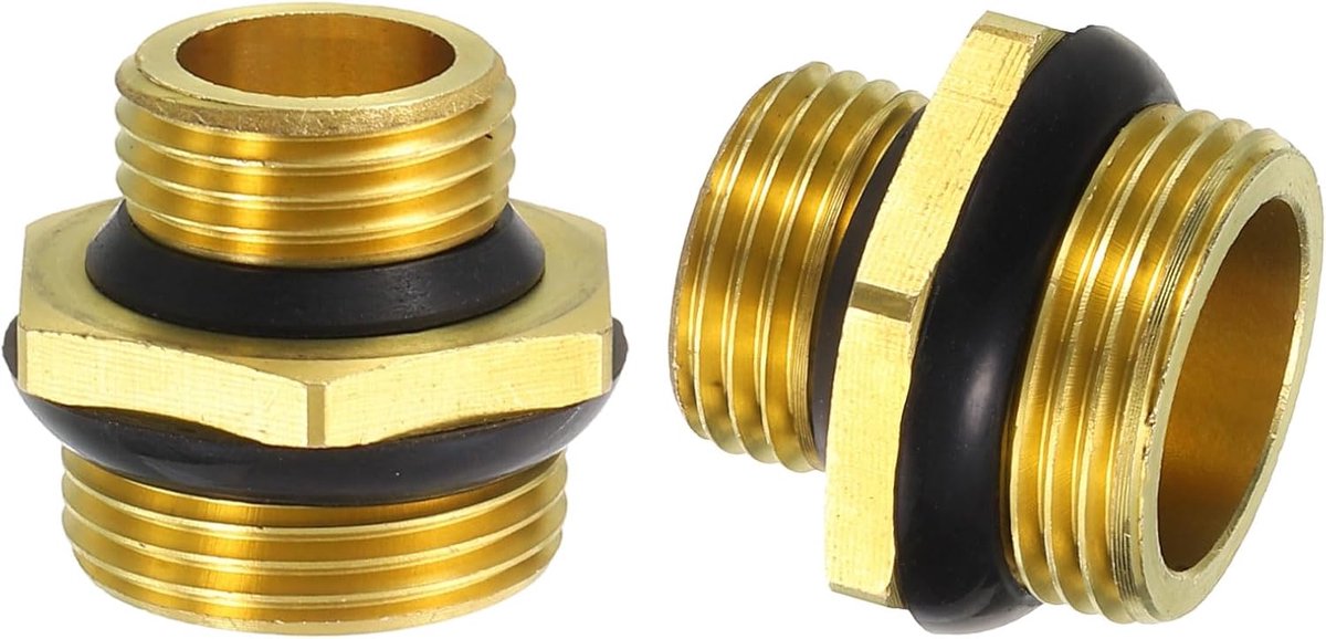2 stuks messing buisfitting verloopstukken, G1/2" & G3/4" mannelijke schroefdraad zeskantnippel rechte connector met sluitring, draadadapter voor aansluiting waterleidingen