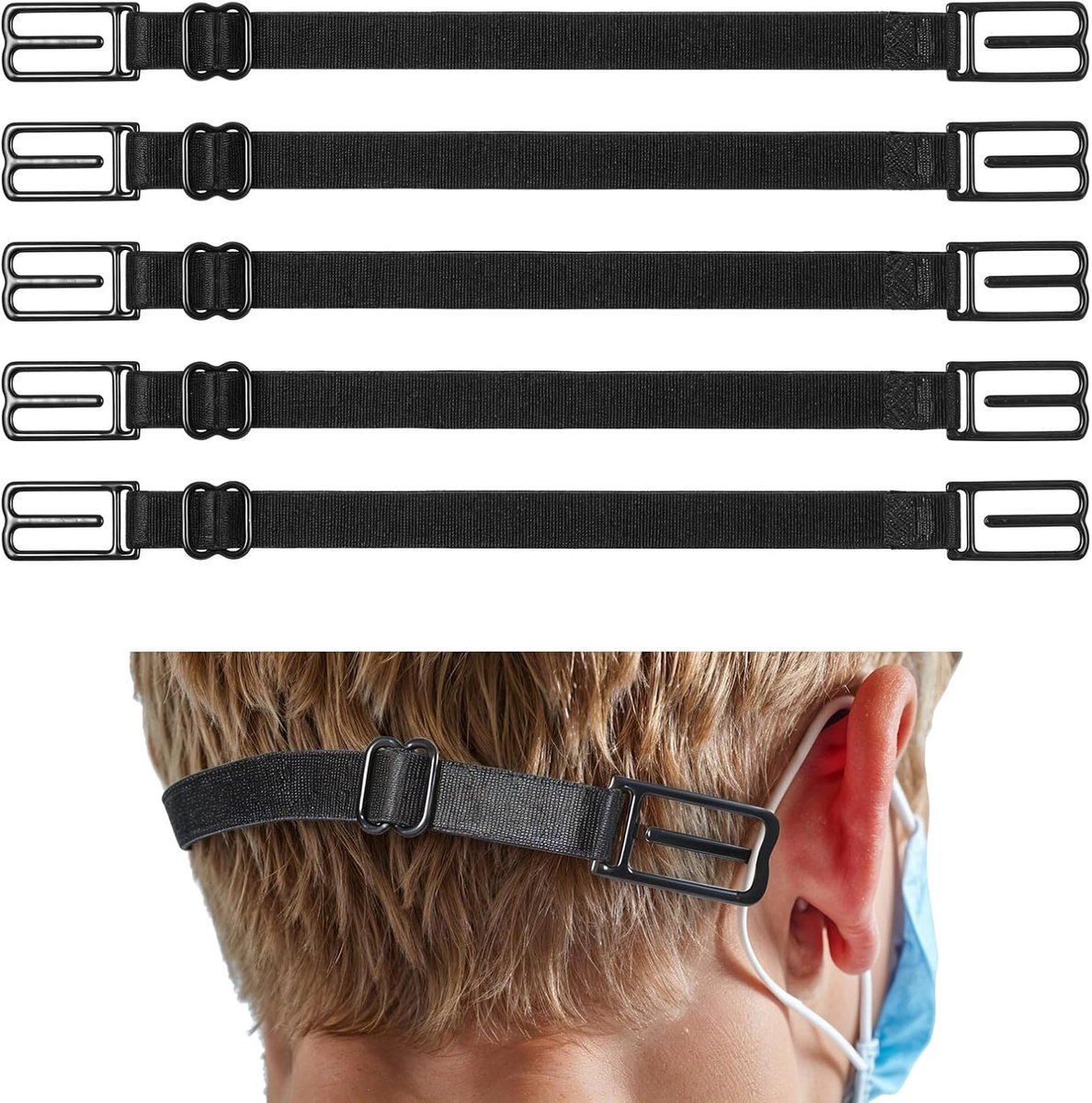 5 stuks elastische maskerhouders, verstelbare maskerhouder met metalen haken, zwarte maskerbanden, maskerband voor mondbescherming, antislip maskerverlenging, achterhoofd, nekhouder