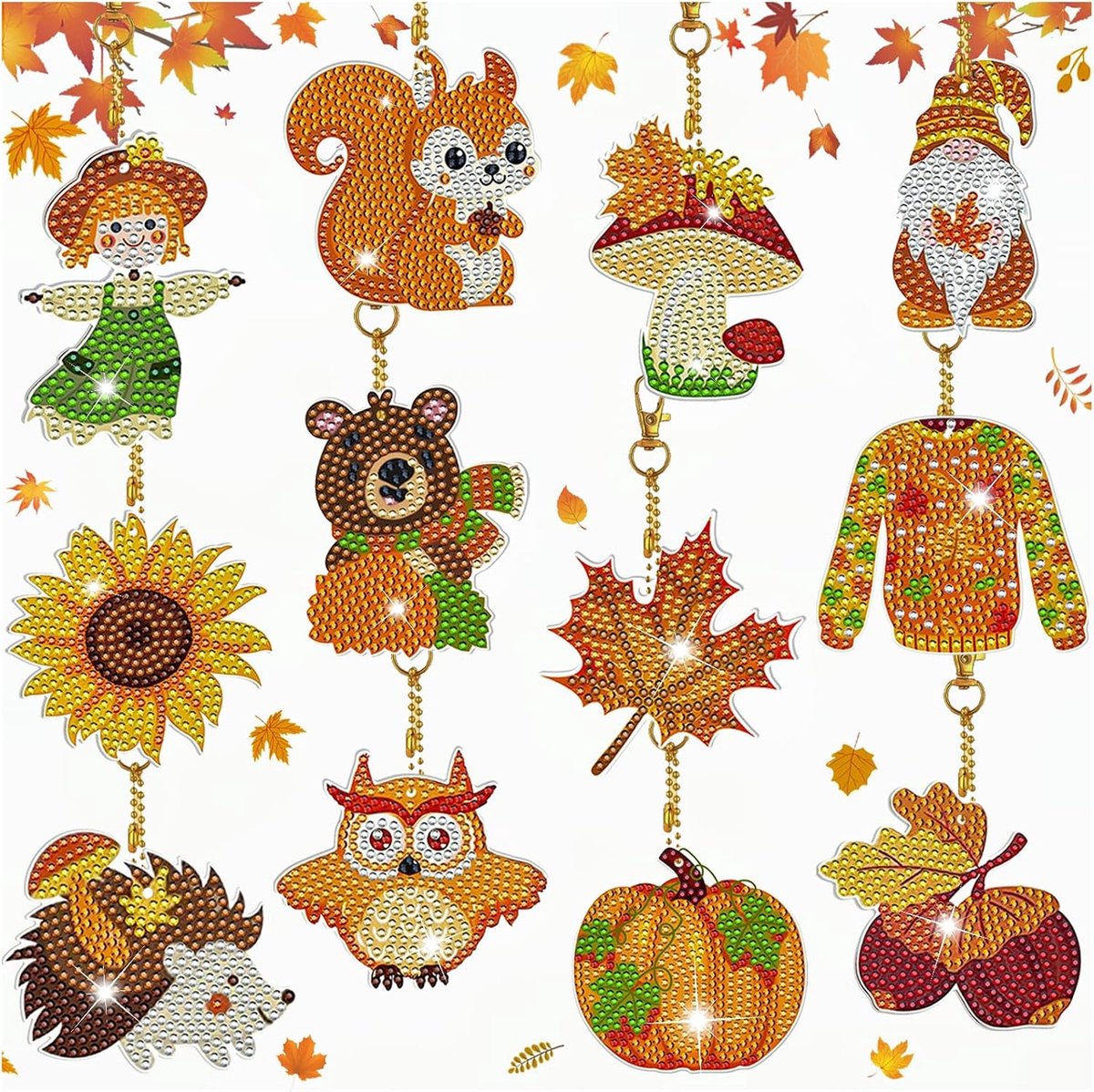 Diamond Painting Sleutelhanger voor volwassenen en kinderen, herfst, knutselset, Halloween, hangerset met herfstkabouter en dieren, dubbelzijdige hoes, kristallen, kunst, oogstfeest, decoratie, cadeau