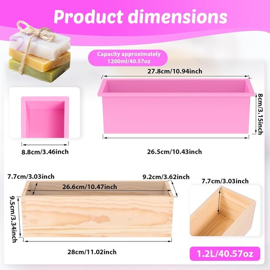 2 stuks siliconen zeepvormen, 1200 ml, zeepvorm met houten doos, rechthoekige siliconen vorm, zeep maken, accessoires vorm, veelzijdige siliconen vormen voor zelf zeep maken, cake, pudding, roze, 2 — afbeelding 4