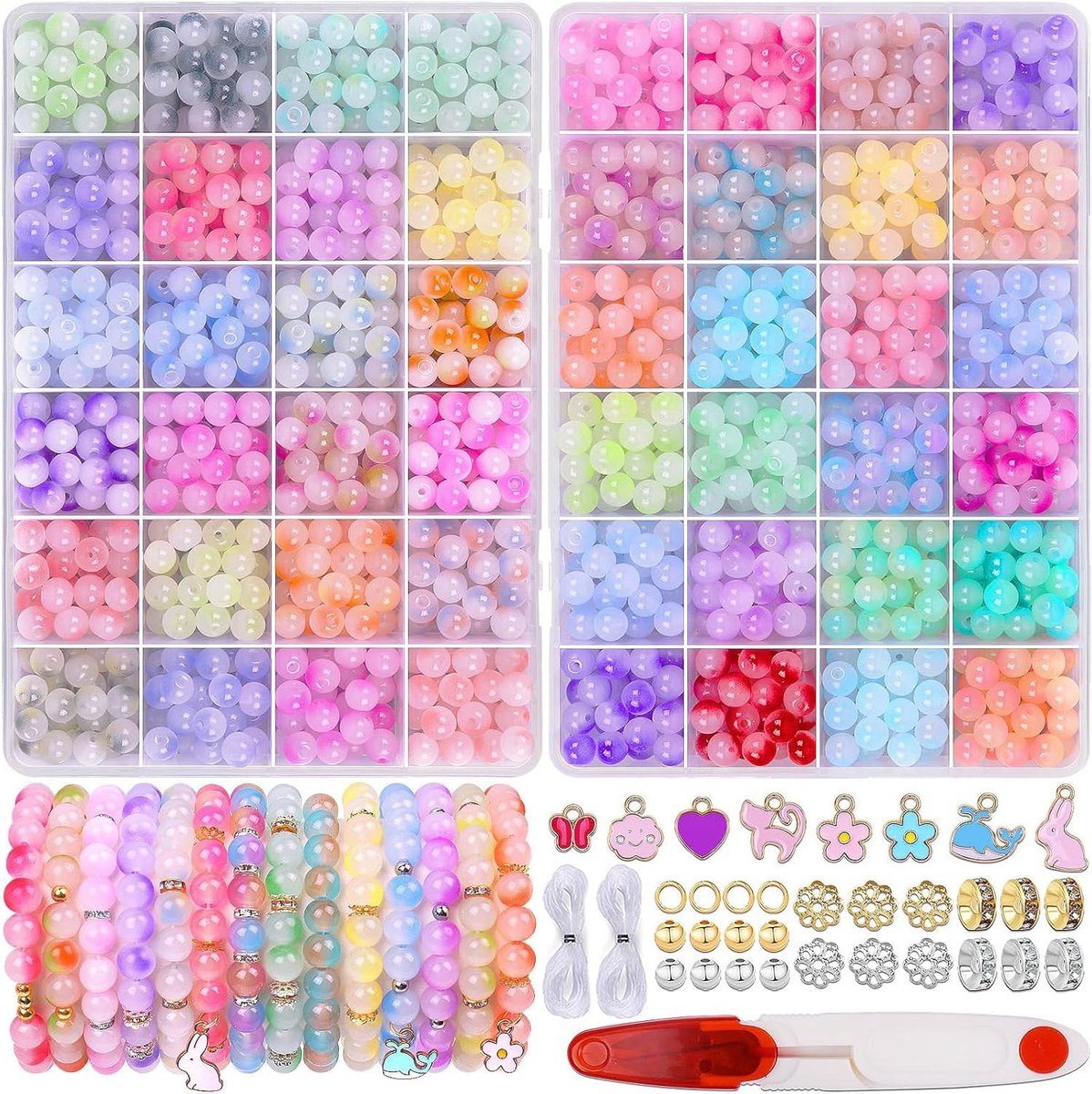 Kralen voor armbanden, 8 mm, kleurrijke glazen kralen om te knutselen, 48 kleuren, kleurrijke kralen, ronde edelsteenkralen met gat, voor armbanden, volwassenen en kinderen