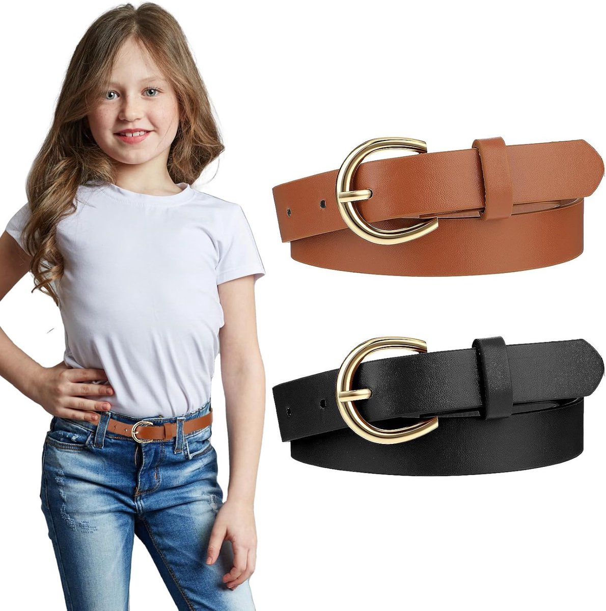 2 STKS Meisjes Riem 82 cm Elastische Lederen Kinderen Riem, Prachtige Comfortabele Skinny Strappy Taille Riem Met Dubbele O Ring Gesp