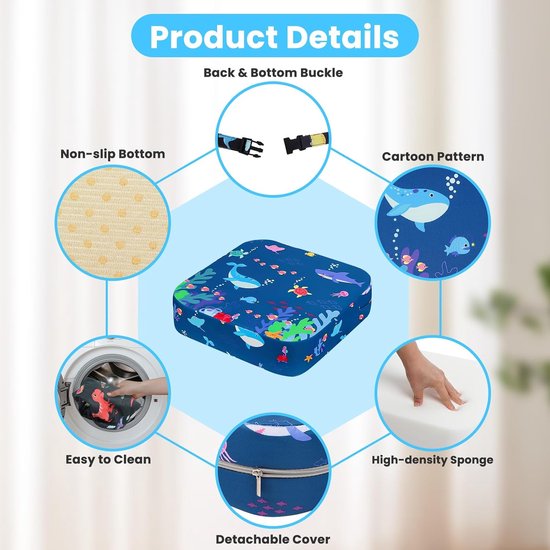 Stoelverhoging voor kinderen, flexibele zitverhoging voor kinderen, met 2 veiligheidsgespen, antislip en anti-slip bodem voor thuis en onderweg, 32 x 32 x 10 cm (zeedieren) — afbeelding 2