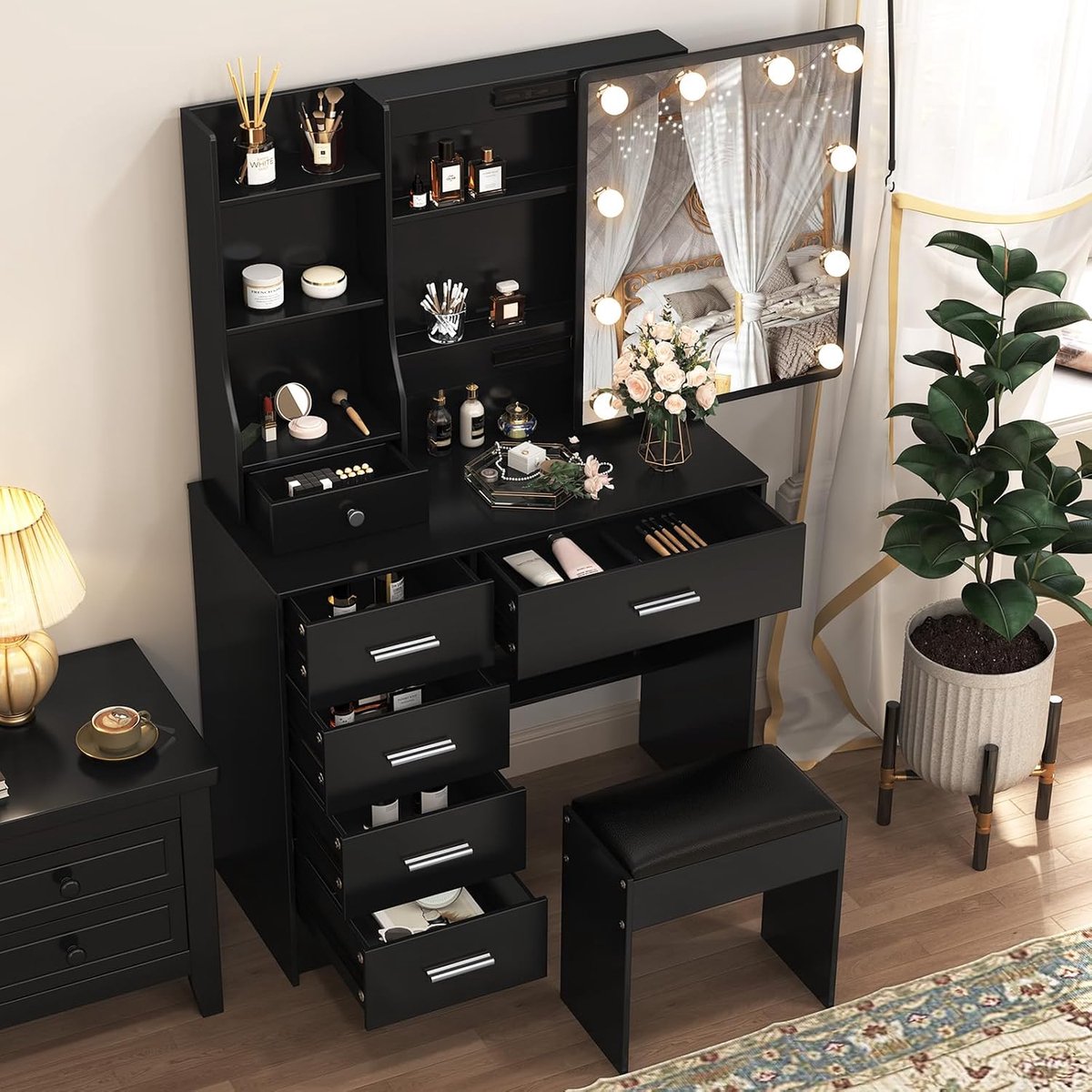 SnelShoppen - Makeup Tafel met Verlichting en Spiegel, Kaptafel met Kruk, 6 Lades en 6 Planken, Sieraden Tafel voor Slaapkamer, 80 x 130 x 36 cm, Zwar