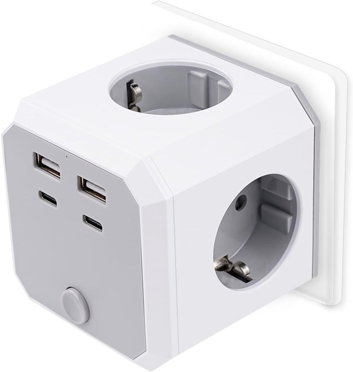 Stopcontact, Wandstopcontact, Meervoudige Stekkerlader, Stekkeradapter met 4 AC Stopcontacten, 2 USB-A Poorten, 2 USB-C Poorten en Bedieningsknop voor Kantoor Thuis