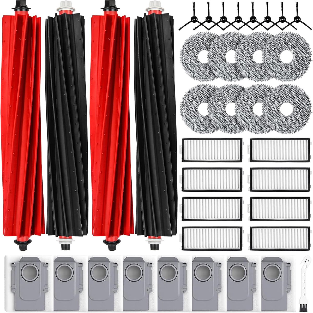 37 stuks accessoires voor Roborock Qrevo Master/Qrevo Slim robotstofzuiger | 4 rubberen hoofdborstels, 8 stofzakken, 8 HEPA-filters, 8 doekjes, 8 zijborstels, 1 reinigingsborstel.