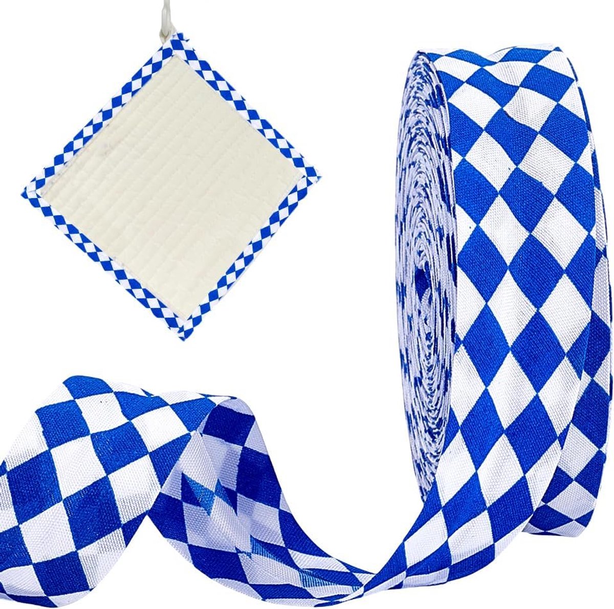 24 meter dubbelgevouwen biaisband, 3,5 cm breed tartan biaisband polyester geruit lint voor naaien kledinghoed doe-het-zelf ambachten geschenkverpakking huisdecoratie, donkerblauw en wit